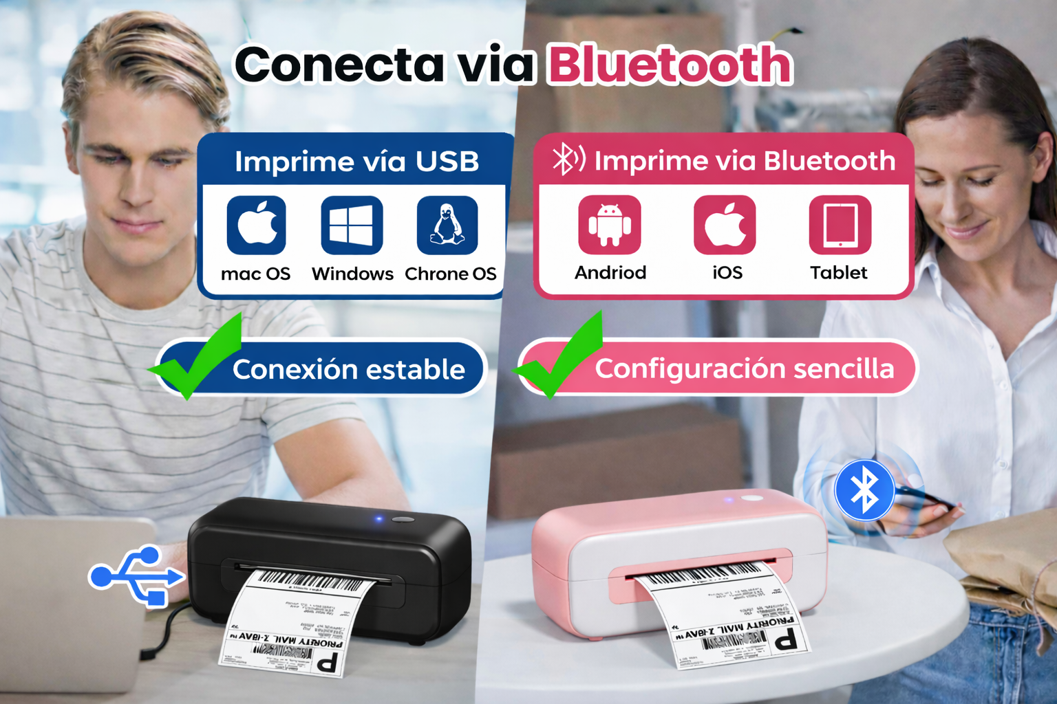 Conecta por Bluetooth o USB